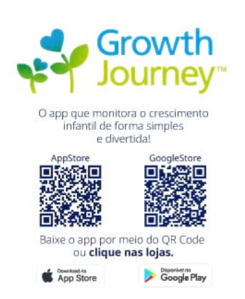 magem promocional do aplicativo Growth Journey, que monitora o crescimento infantil; contém logotipo com ícone de duas folhas e um coração, texto explicativo e dois QR Codes para download na App Store e Google Play.