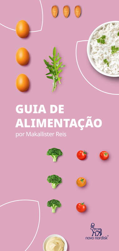 Capa do Ebook Guia de Alimentação, de Makallister Reis, cor rosa. Ilustrada com imagens de ovos, vegetais e um prato de arroz