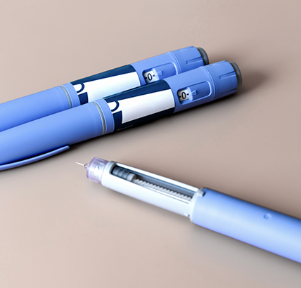 imagem de três frascos de medicamento injetável posicionados sobre uma caixa, com fundo azul e elementos gráficos circulares.