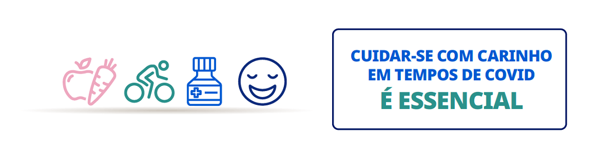  quatro ícones alinhados (frutas e cenoura, bicicleta, frasco de medicamento, rosto sorridente), acompanhados de texto “CUIDAR-SE COM CARINHO EM TEMPOS DE COVID É ESSENCIAL” dentro de quadro.