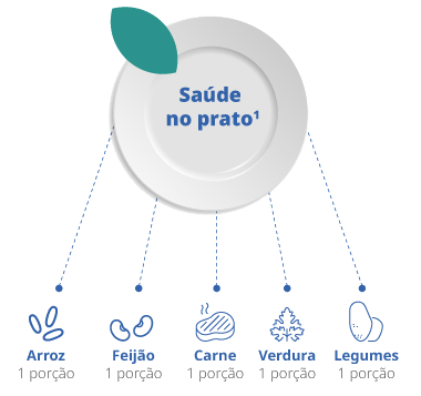 Ilustração de um prato indicando as porções recomendadas de alimentos para uma alimentação saudável, contendo porções de arroz, feijão, carne, verduras e legumes
