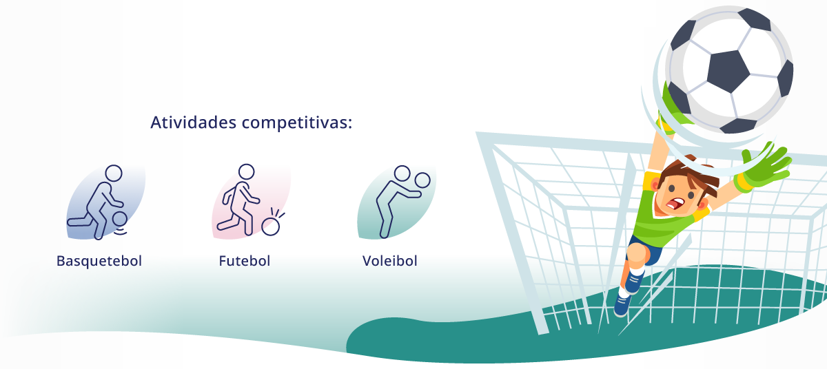 Ilustração de um goleiro de futebol fazendo uma defesa, acompanhada dos ícones de atividades competitivas: Basquetebol, Futebol e Voleibol.