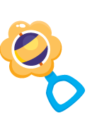 Desenho ilustrativo de um chocalho para bebês, no formato de flor amarela com cabo azul