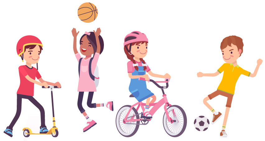 Ilustração de quatro crianças praticando atividades físicas: um menino de capacete em um patinete, uma menina pulando com uma bola de basquete, uma menina de capacete rosa em uma bicicleta e um menino chutando uma bola de futebol.