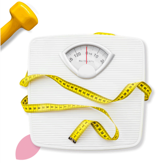 Foto de uma balança e uma fita métrica