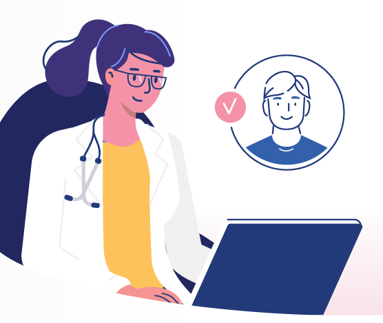 Ilustra uma profissional de saúde utilizando um notebook, fazendo uma consulta com um paciente por videochamada