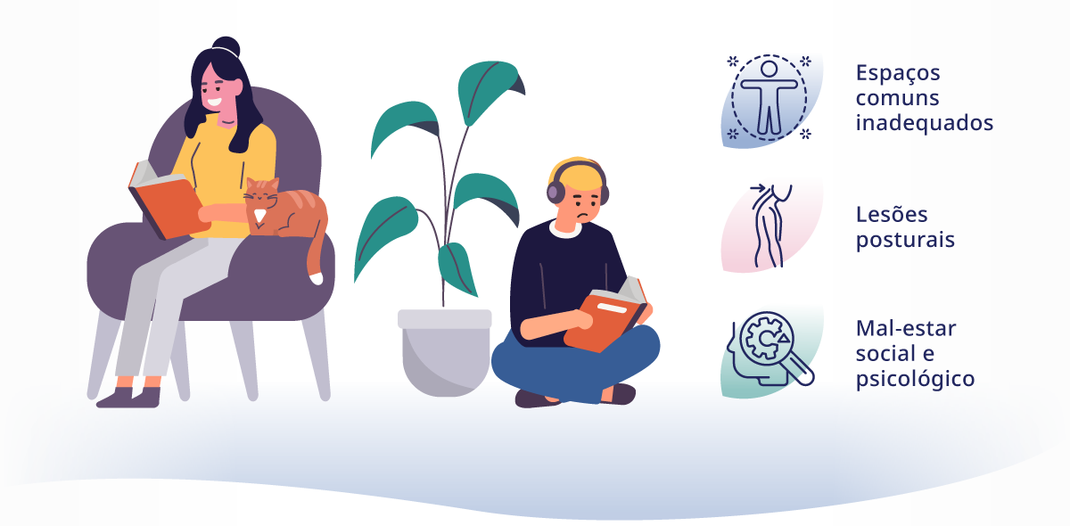 Ilustra duas pessoas, uma mulher sentada em uma poltrona roxa e um homem sentado no chão ambos lendo um livro. Representa os desafios na vida adulta para quem convive com deficiência de GH: espaços comuns inadequados, lesões posturais, mal-estar social e psicológico
